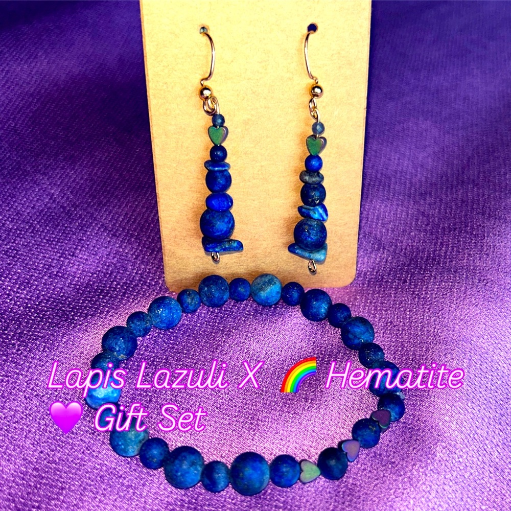 Lapis Lazuli X Hematite Heart Set with Droplet Earrings